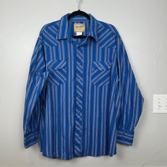Wrangler Women’s 2XL Western Pearl Snap Shirt Blue Striped Metallic - Picture 3 of 8